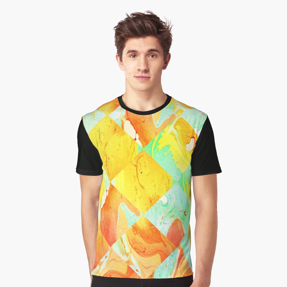 Yellow Orange and Green Colorful Abstract Geometric Marble Pattern Graphic T-Shirt