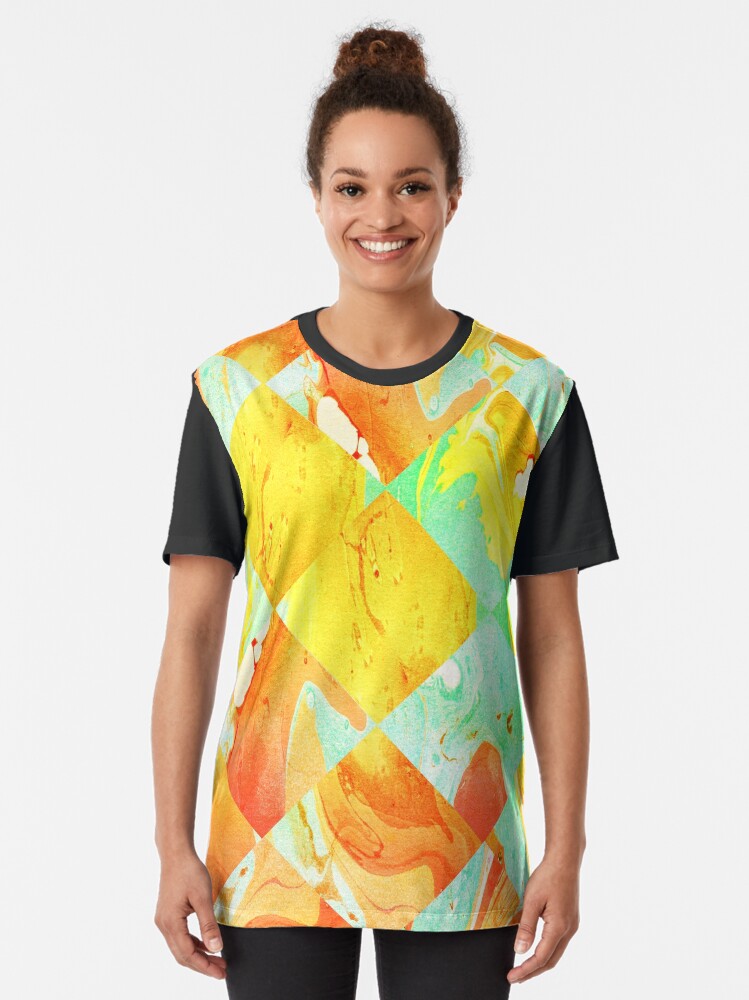 Alternate view of Yellow Orange and Green Colorful Abstract Geometric Marble Pattern Graphic T-Shirt