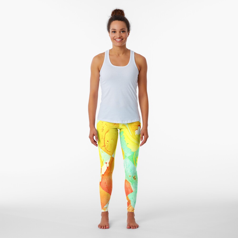 Yellow Orange and Green Colorful Abstract Geometric Marble Pattern Leggings
