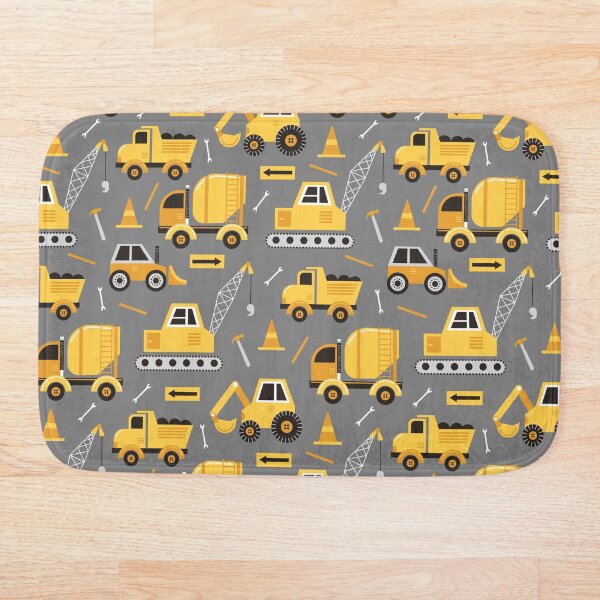 Construction Trucks on Gray Bath Mat