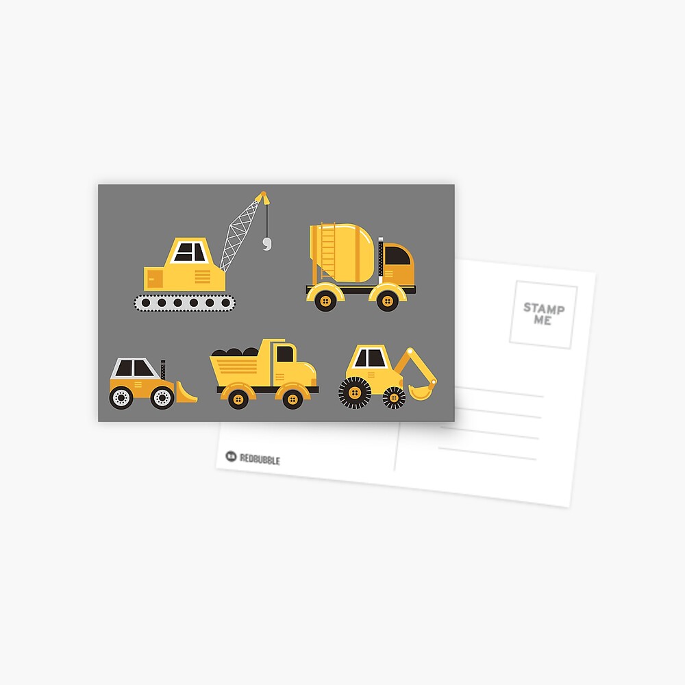 Construction Trucks on Gray Postcard