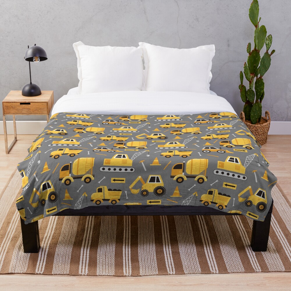 Construction Trucks on Gray Throw Blanket