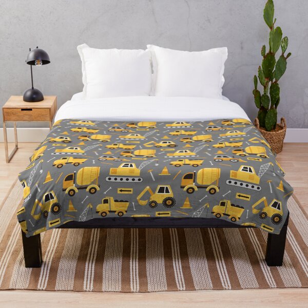 Construction Trucks on Gray Throw Blanket