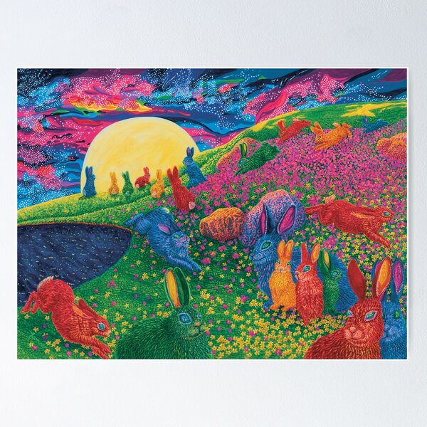 Item preview, Multicolored rabbits play in moonlit field with a starry sky designed and sold by HappyBeachPress.