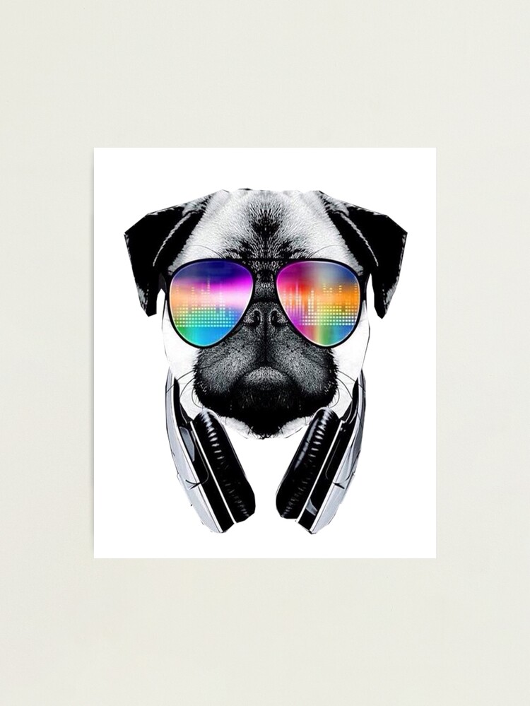 Pug dog with glasses and headphones listens to music Puggy dog with  sunglasses listen to the music Photographic Print by Trenddesigns24