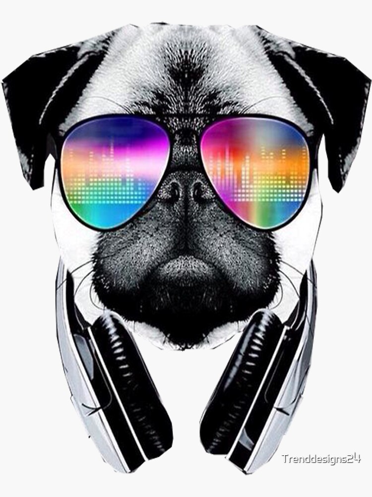 Pug dog with glasses and headphones listens to music Puggy dog with  sunglasses listen to the music Sticker by Trenddesigns24