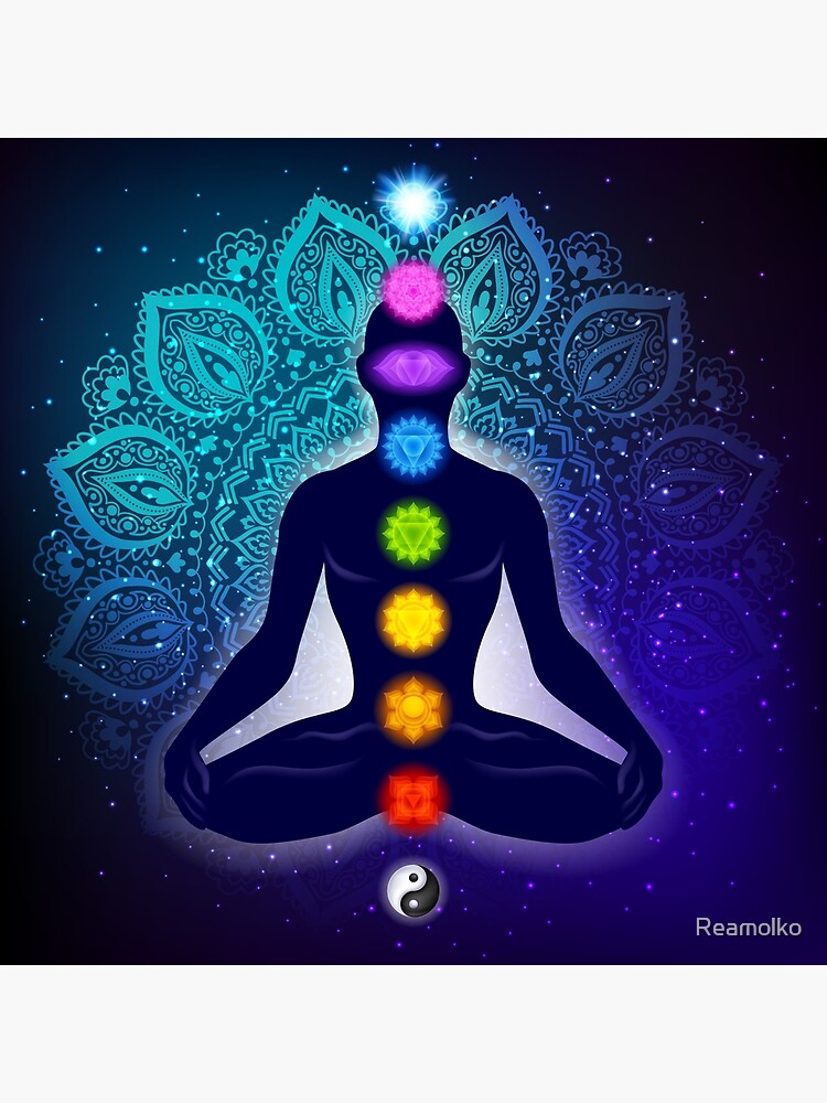 Meditating human in lotus pose. Yoga - 9 chakras and aura glow. Mandala  background.