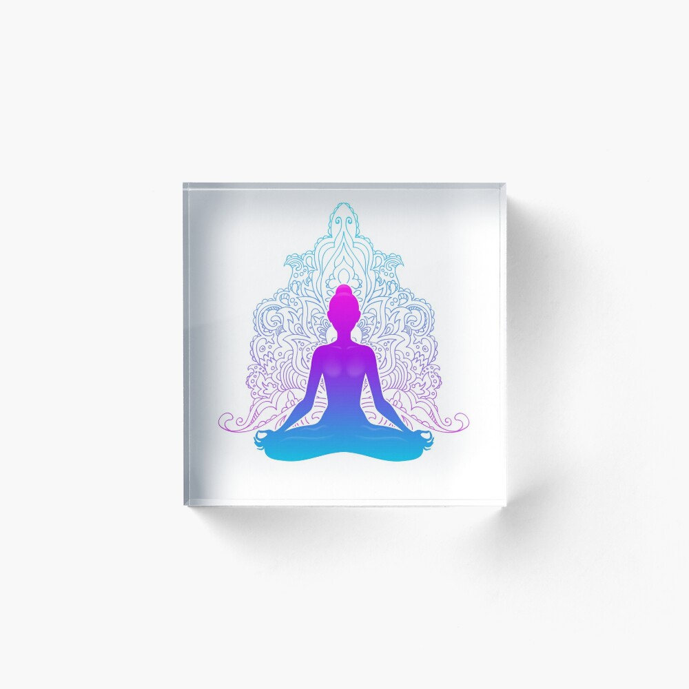 Meditating woman in lotus pose with ornamental background. Yoga  illustration.