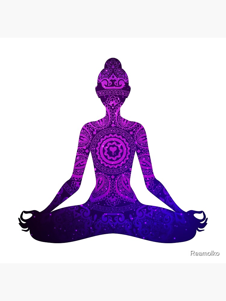 Meditating woman in lotus pose. Yoga illustration. Shiny mandala and stars  background. | Art Board Print