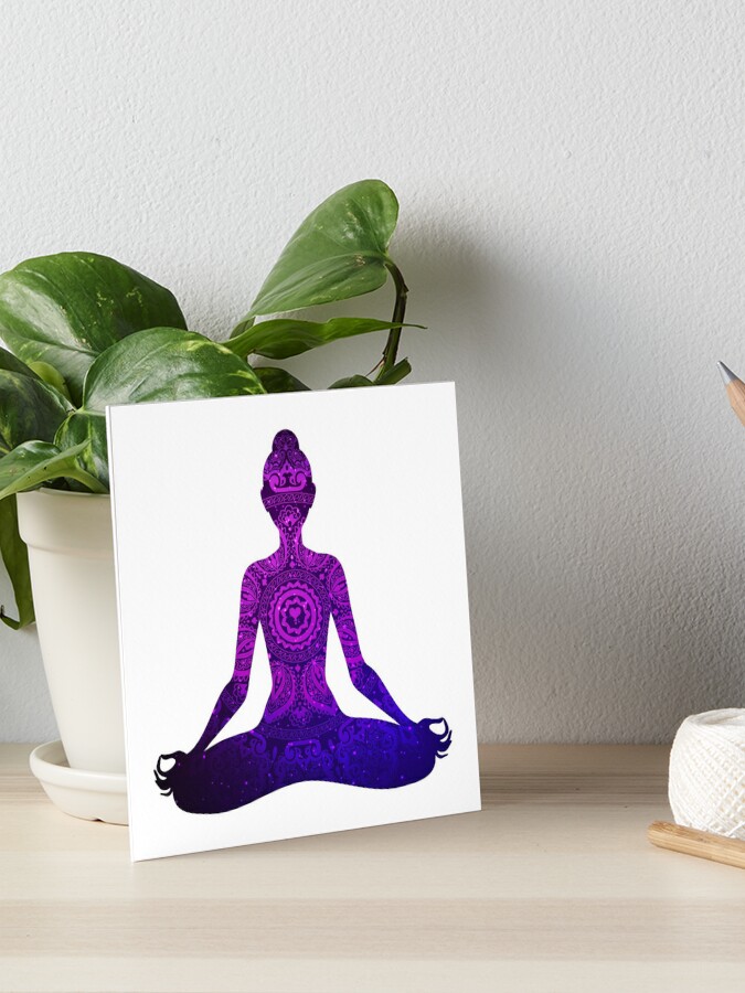 Meditating woman in lotus pose. Yoga illustration. Shiny mandala