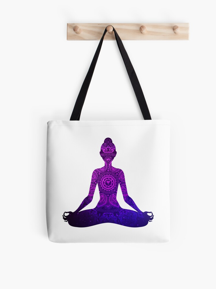 Meditating woman in lotus pose. Yoga illustration. Shiny mandala and stars  background. Tote Bag for Sale by Reamolko