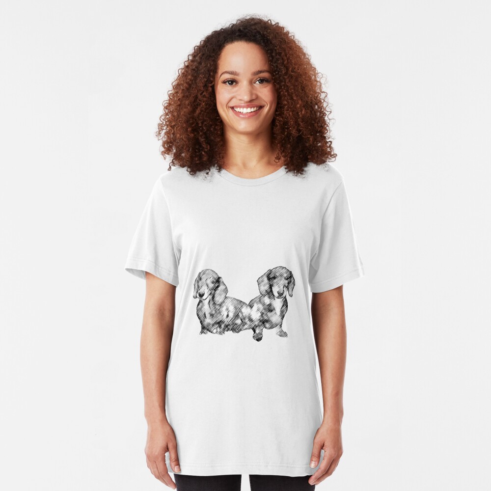 Two Dachshund Puppies Line Drawing Style Slim Fit T-Shirt