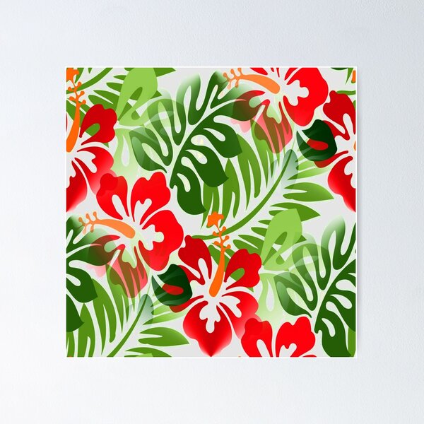 Aperçu de l'œuvre Motif fleuri hawaïen Feuillage tropical Rouge Vert créée et vendue par Tammy Winand Art.