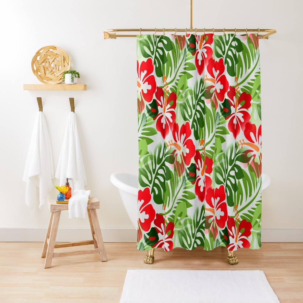 "Hawaiian Flowered Pattern Tropical Red Green" Shower Curtain for Sale