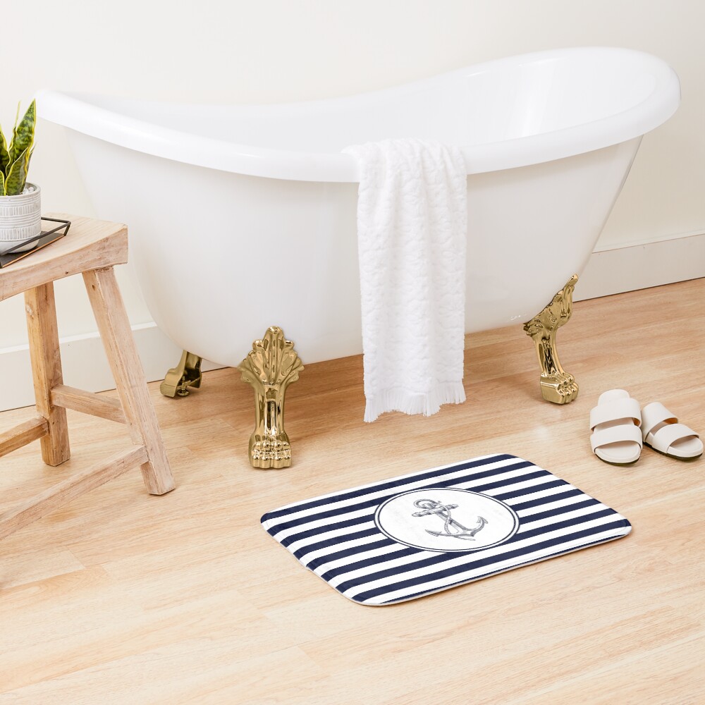 Anchor and Navy Blue Stripes Bath Mat