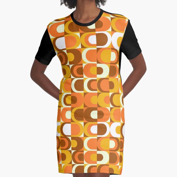 Orange Retro Industrial 70s pattern Graphic T-Shirt Dress
