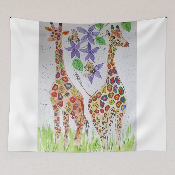 Item preview, Colourful Giraffes among purple flowers and bumble bees designed and sold by Casimirasart.