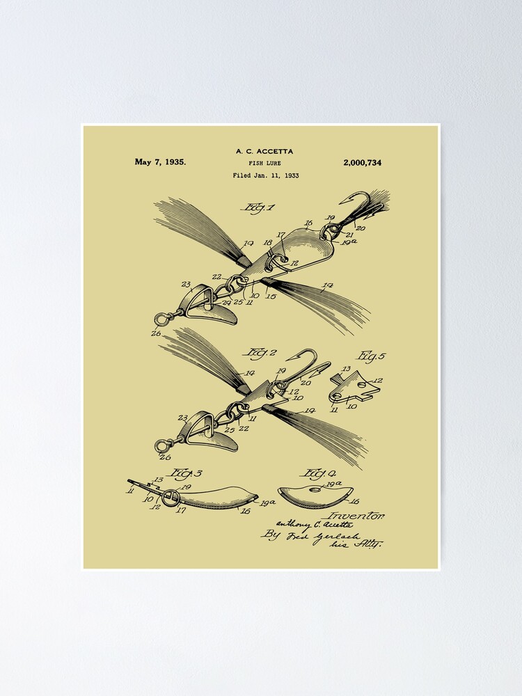 Patent Prints - 1935 Fishing Lure Blueprint Poster for Sale by