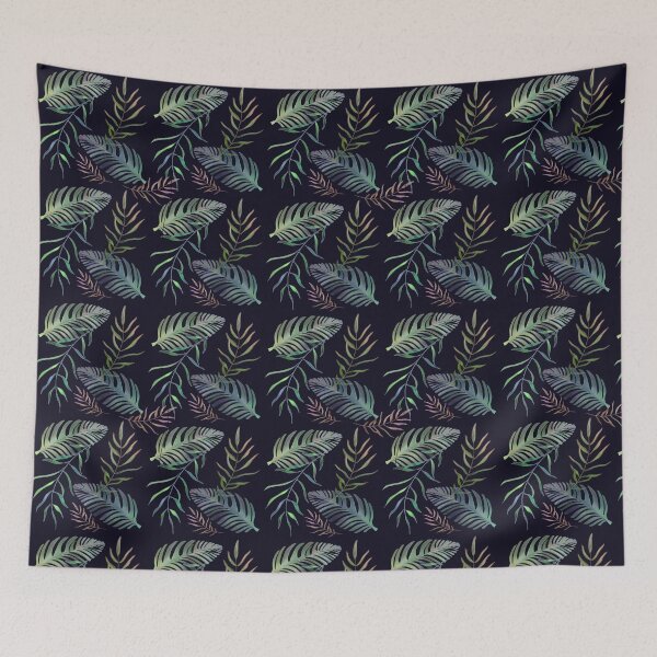 Item preview, Tropical green foliage palm leaf on navy blue designed and sold by ahahdodo.