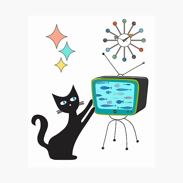 Item preview, Mid Century Modern Retro Atomic Funny Cat with Fish TV designed and sold by funnytshirtemp.