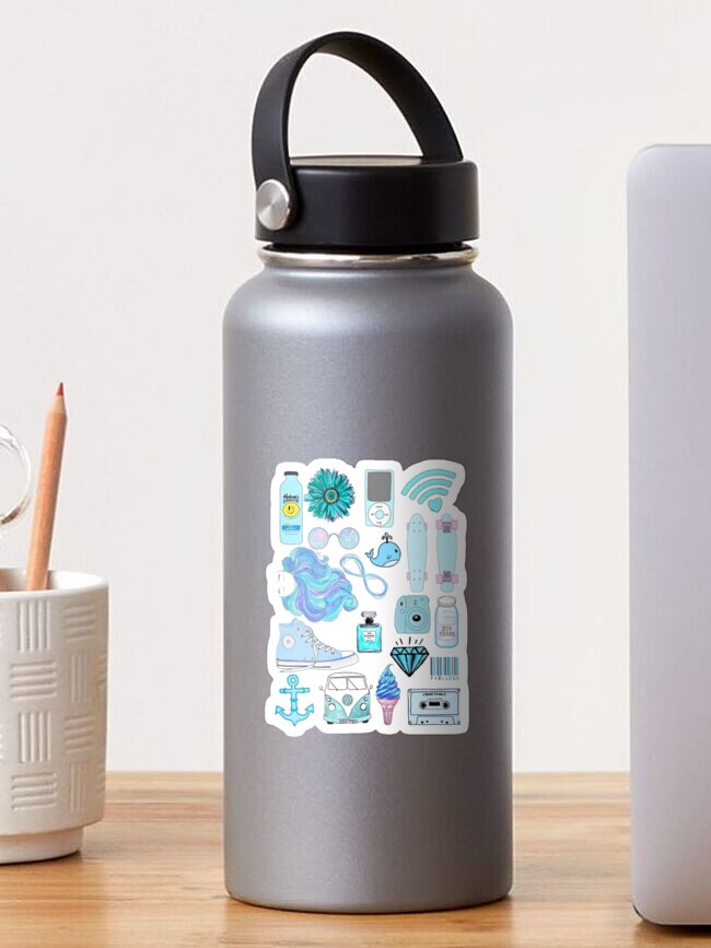 blue hydroflask with stickers