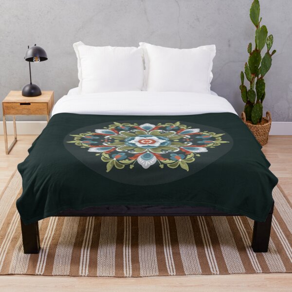 Norwegian Rosemåling on Black Throw Blanket