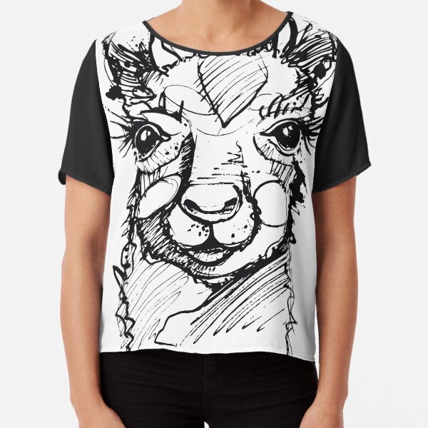 Llama Lama Sketch handdrawn Drama black Outlines Alpacca Chiffon Top