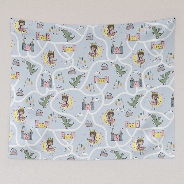 Item preview, Childish seamless pattern with princess and dragon blue background designed and sold by Arch4Design.