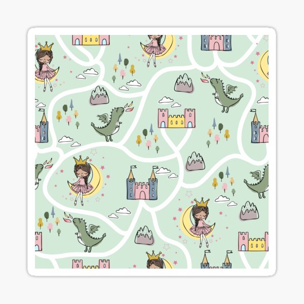 Childish seamless pattern with princess and dragon green background Sticker