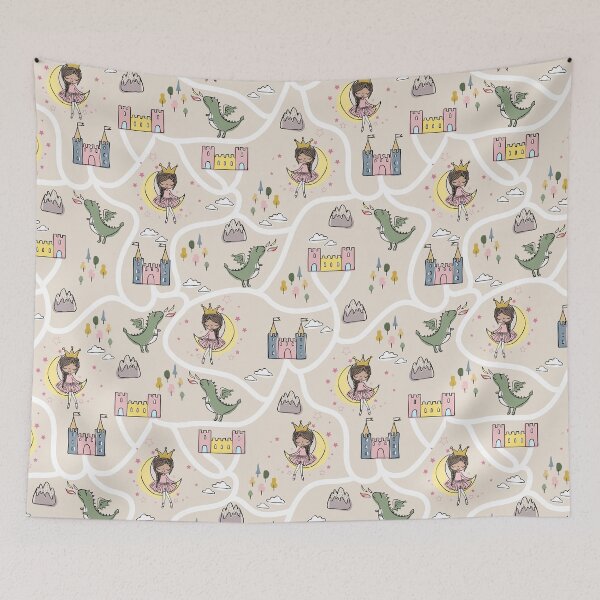 Item preview, Childish seamless pattern with princess and dragon beige background designed and sold by Arch4Design.