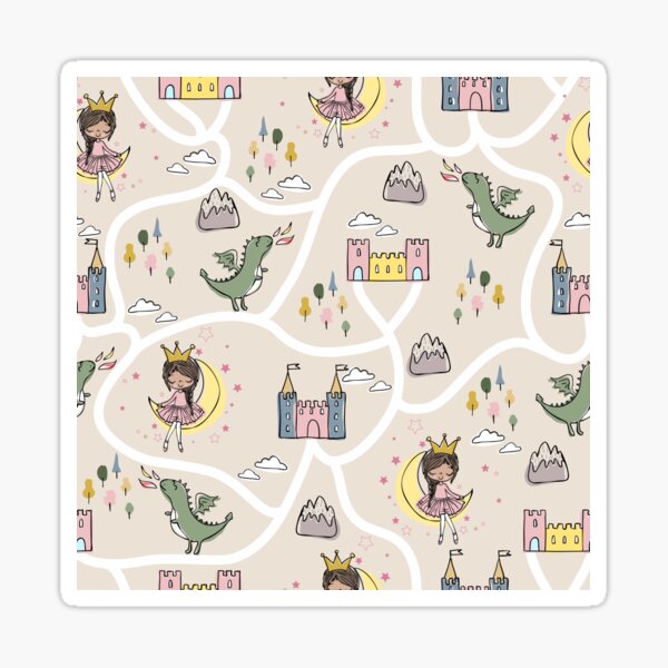 Item preview, Childish seamless pattern with princess and dragon beige background designed and sold by Arch4Design.