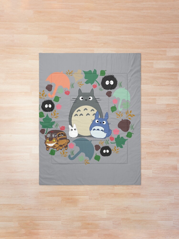 Alternate view of My Neighbor Totoro Wreath - Anime, Catbus, Soot Sprite, Blue Totoro, White Totoro, Mustard, Ochre, Umbrella, Manga, Hayao Miyazaki, Studio Ghibl Comforter