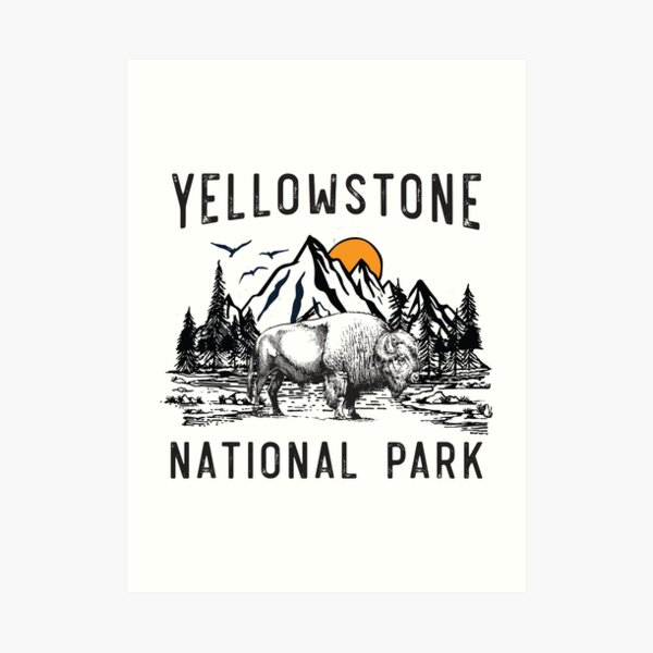 Vintage Yellowstone National Park Wyoming Mountains Bison Art Print
