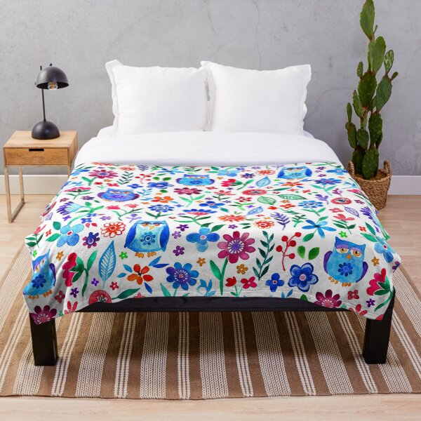 Little Owls and Flowers on White Throw Blanket