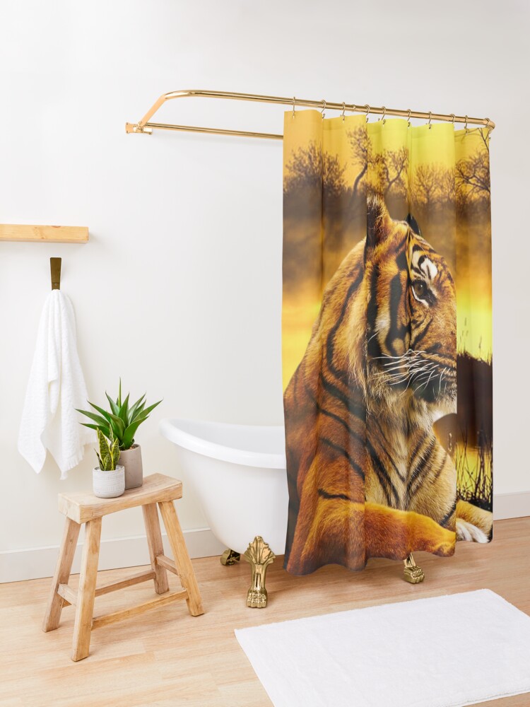 Alternate view of Tiger and Sunset Shower Curtain