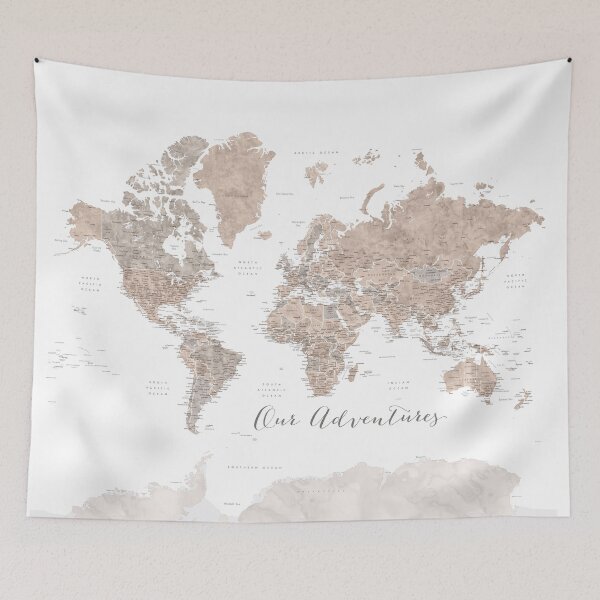 Item preview, Our adventures, brown watercolor world map with US state capitals designed and sold by blursbyai.