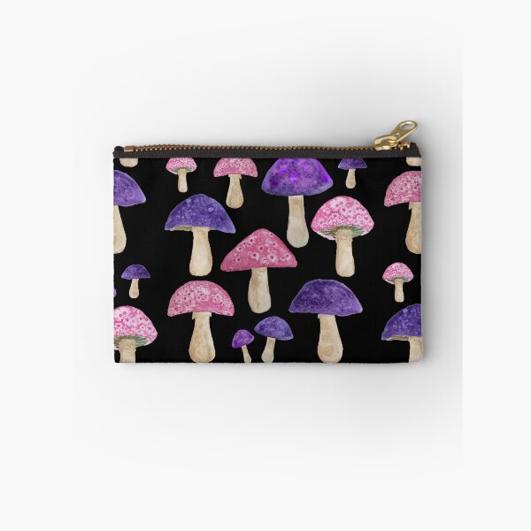 Item preview, Pink and Purple Woodland Mushrooms on Black Fungi Pattern designed and sold by SWildDesign.