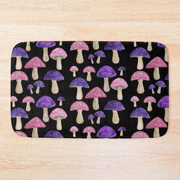 Item preview, Pink and Purple Woodland Mushrooms on Black Fungi Pattern designed and sold by SWildDesign.