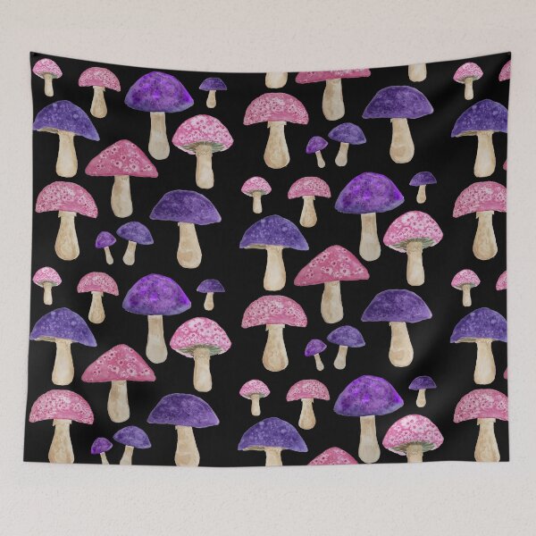 Item preview, Pink and Purple Woodland Mushrooms on Black Fungi Pattern designed and sold by SWildDesign.
