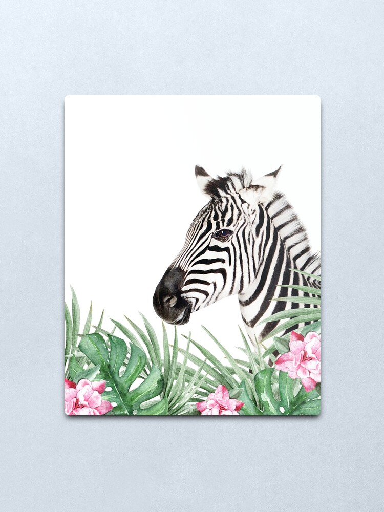 Zebra Tropische Blatter Und Bluten Tier Kinderzimmer Trendige Einrichtung Interior Art Print Metallbild Von Juliaemelian Redbubble