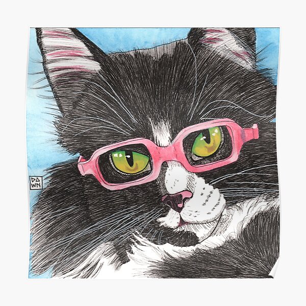 Pop Art Tuxedo Cat Ink Painting in Pink Glasses Poster