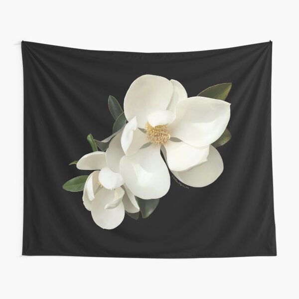 White Magnolias on Black Background, Square, Digital Fine Art Painting Tapestry