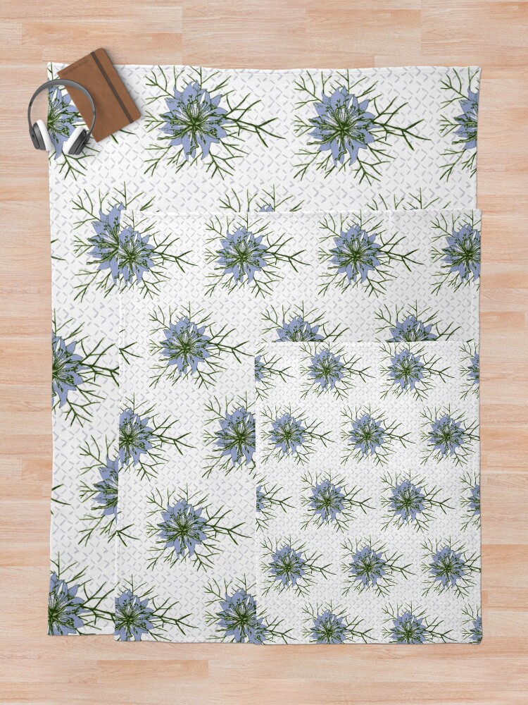 Alternate view of Love in a Mist The Romantic Nigella damascena flower repeat pattern light blue Throw Blanket