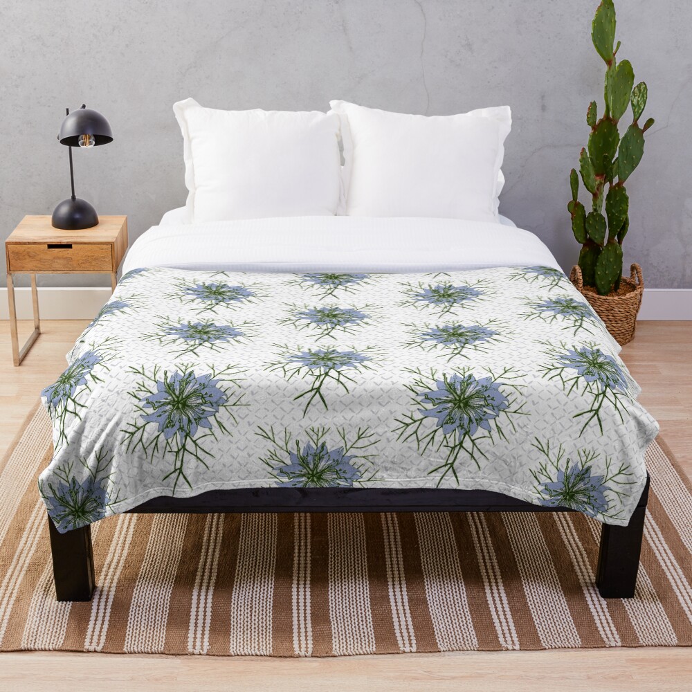 Love in a Mist The Romantic Nigella damascena flower repeat pattern light blue Throw Blanket