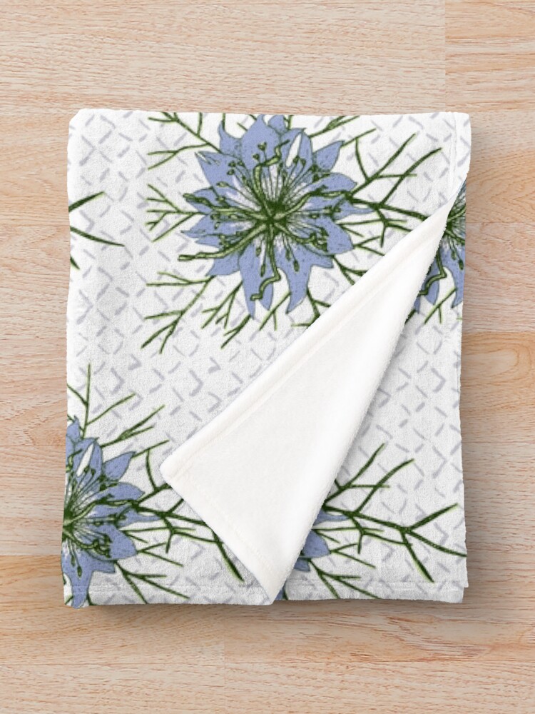 Alternate view of Love in a Mist The Romantic Nigella damascena flower repeat pattern light blue Throw Blanket
