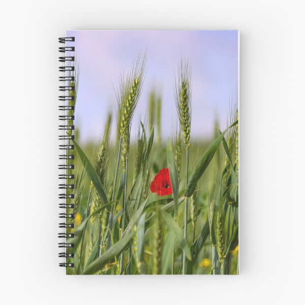Item preview, Green spikelets of wheat with a red poppy flower between them on a blurred background of a field with yellow flowers and a blue sky with clouds. designed and sold by EG Creativity Art.