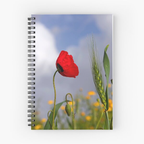 Item preview, Green spikelet of wheat, flower and buds of red poppies on a blurred background of a field with yellow flowers and a blue sky with clouds designed and sold by EG Creativity Art.