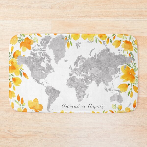 Item preview, Adventure awaits, gray watercolor world map with US state capitals and watercolor California poppies designed and sold by blursbyai.