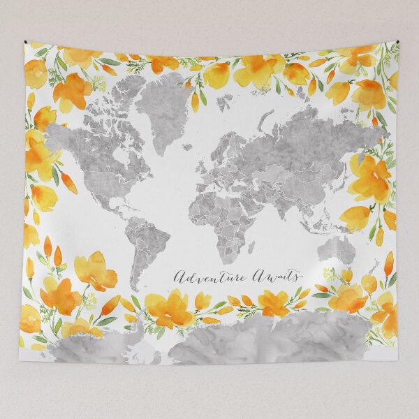 Item preview, Adventure awaits, gray watercolor world map with US state capitals and watercolor California poppies designed and sold by blursbyai.