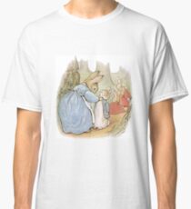 Camiseta clásica "AHORA CORRE A LO LARGO DE QUERIDA", dijo MRS RABBIT HER CHILDREN - de la HISTORIA DE PETER RABBIT